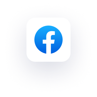 A white square icon with a blue circle featuring a lowercase letter "f," representing the Facebook logo, is centered on a dark background, serving as a compelling CTA in the main footer.