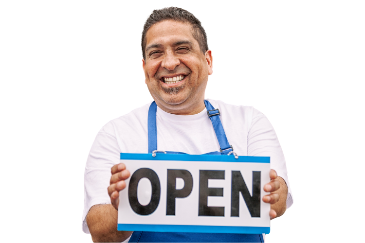 A man in an apron smiles while holding an "OPEN" sign, ready to welcome customers with a warm and inviting CTA.