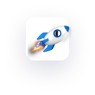 An image of a white and blue rocketship icon with a flame at its base, indicating motion. The icon is set against a dark, circular gradient background, making it an ideal CTA element for your website footer.