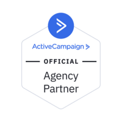 Blue logo of ActiveCampaign above the text "OFFICIAL Agency Partner" on a white background with a hexagonal border, perfect for your local digital marketing agency.