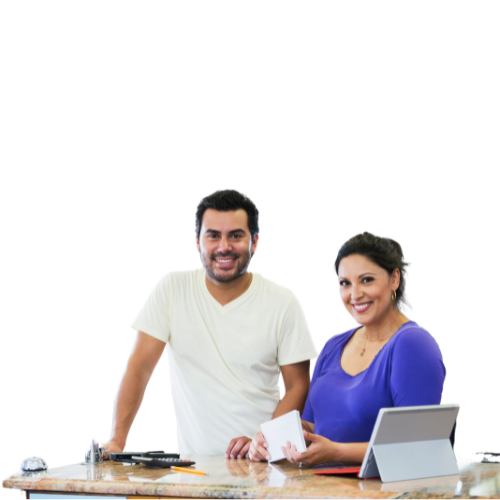 A Man And A Woman Standing At Business Counter.