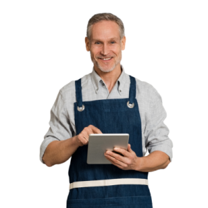 A Man In An Apron Holding A Tablet With A Friendly Smile, Ready To Assist Help-Seeking Individuals.